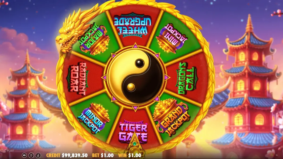 Tampilan visual slot Dragon Tiger Fortunes dengan simbol naga dan harimau