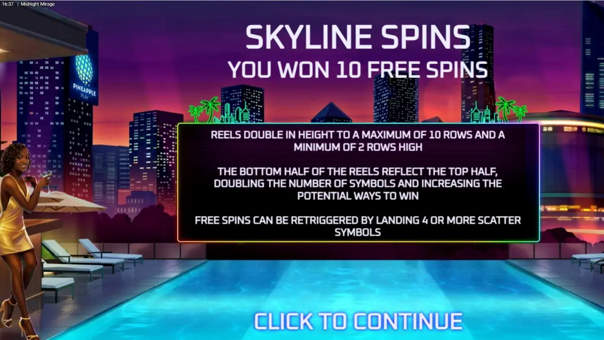 Midnight Mirage slot game neon city rooftop theme