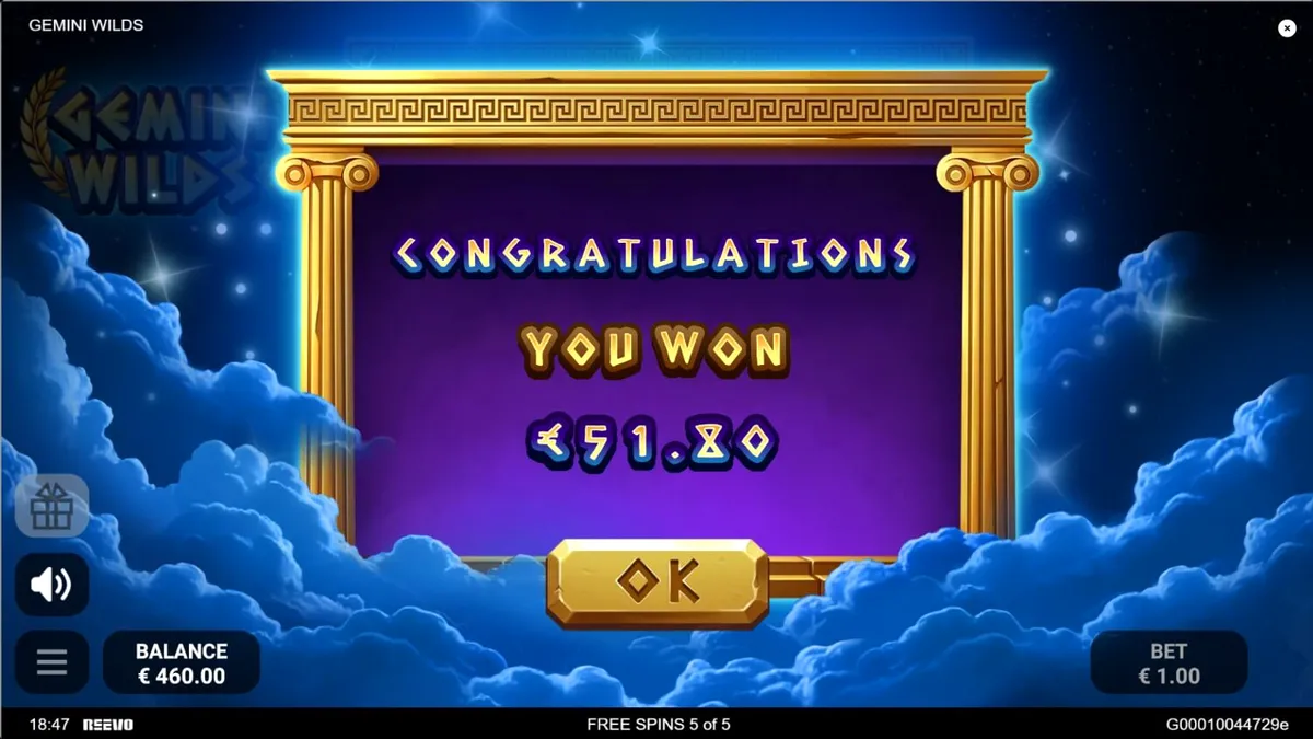 Visual slot Gemini Wilds dengan tema mitologi Yunani dan simbol bintang