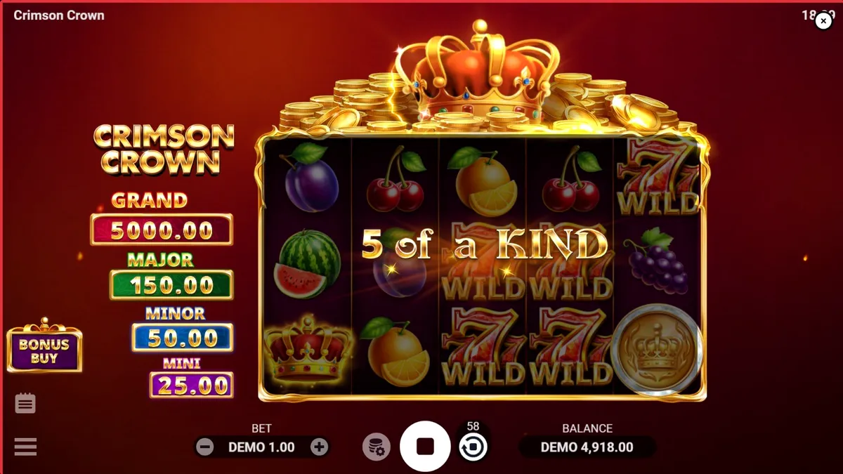 Tampilan visual slot Crimson Crown dengan tema buah dan mahkota emas